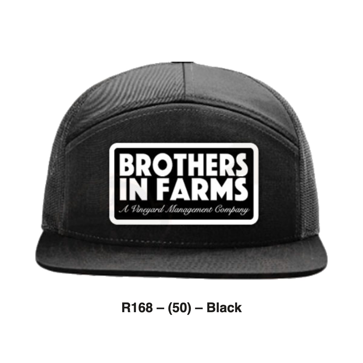 Brothers In Farms trucker patch hat in Black, front view