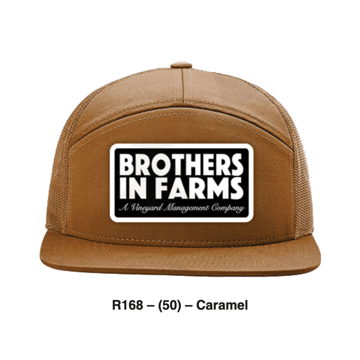 Brothers In Farms trucker patch hat in Caramel, front view