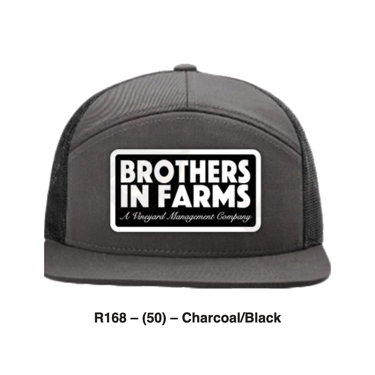 Brothers In Farms trucker patch hat in Charcoal/Black, front view