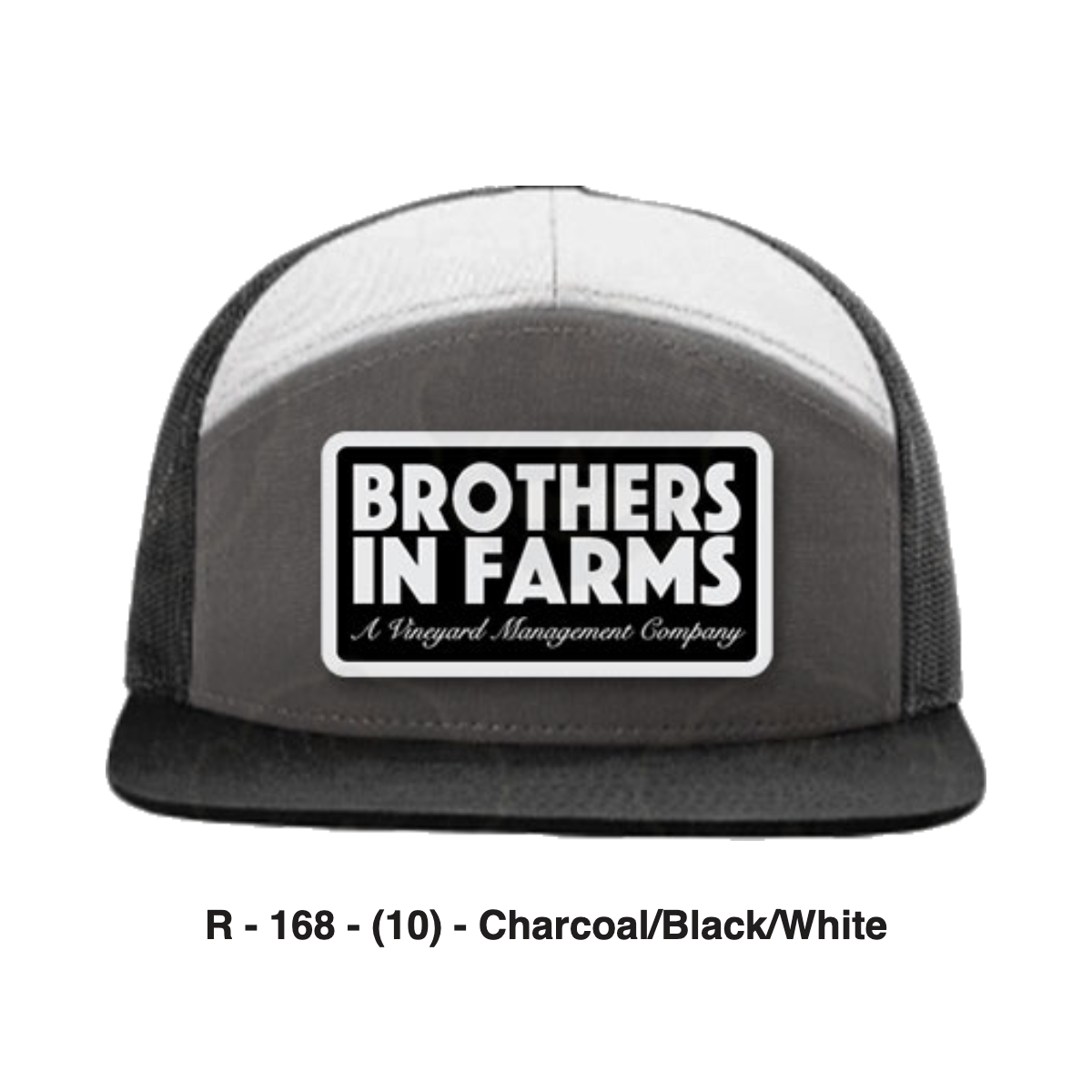 Brothers In Farms trucker patch hat in Charcoal/Black/White, front view