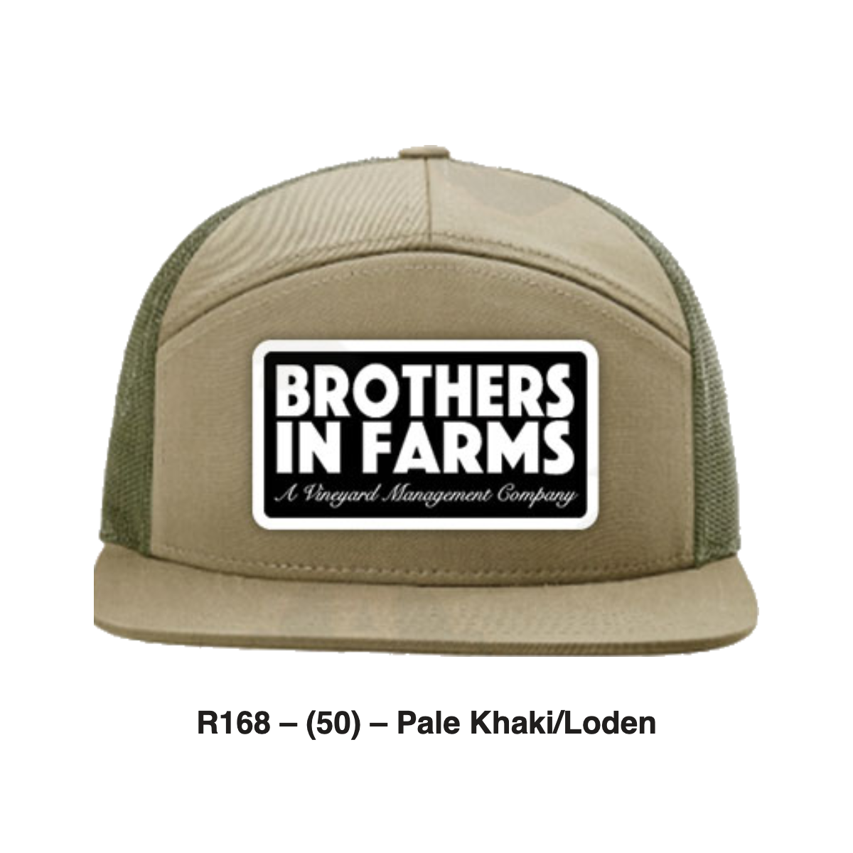 Brothers In Farms trucker patch hat in Khaki/Loden, front view