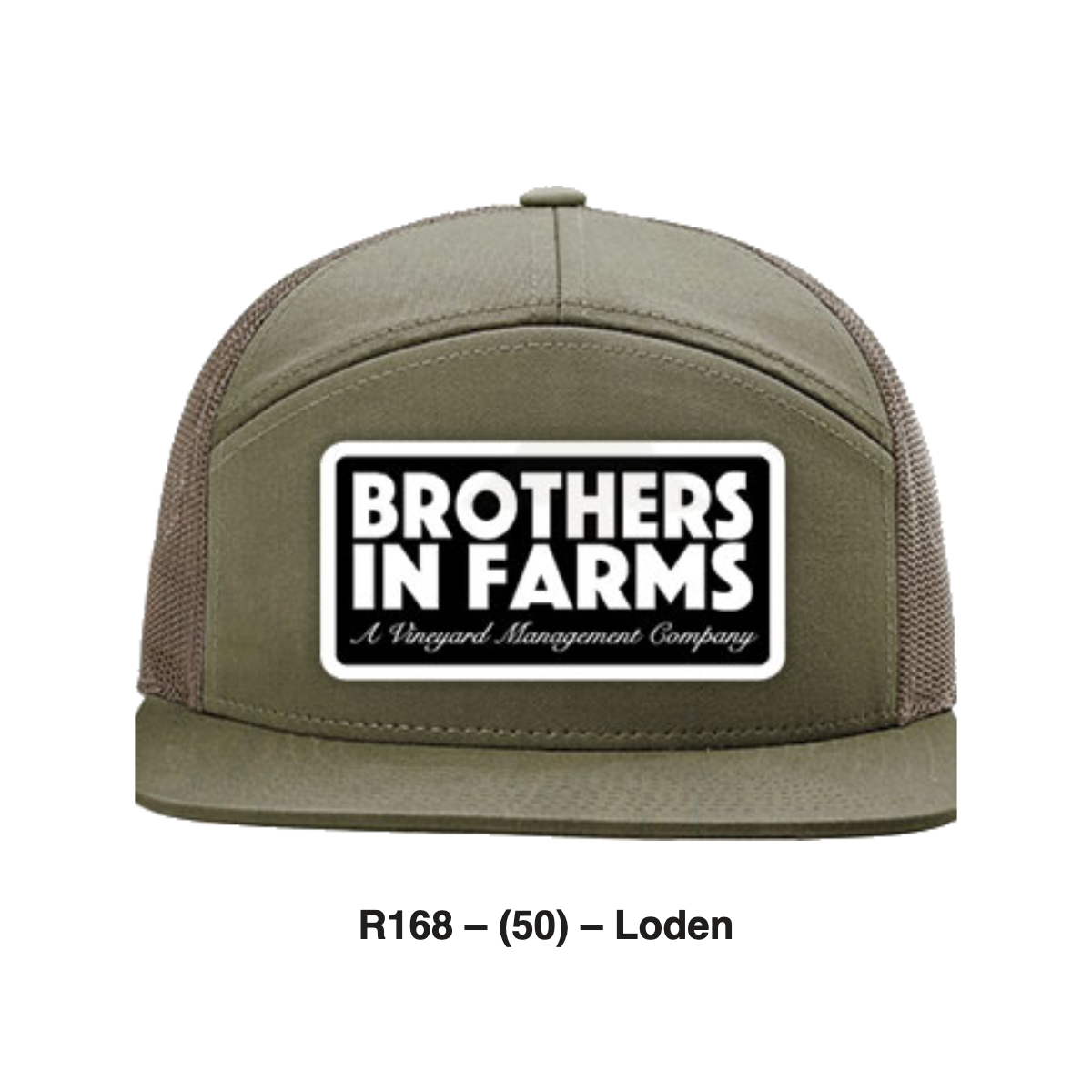 Brothers In Farms trucker patch hat in Loden, front view