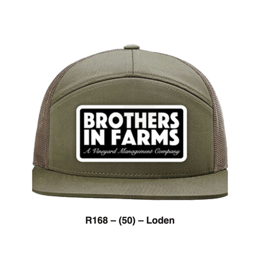 Brothers In Farms trucker patch hat in Loden, front view