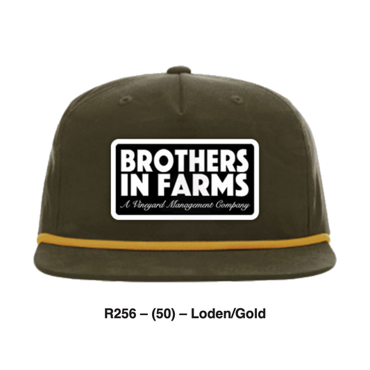 Brothers In Farms rope patch hat in Loden/Gold, front view