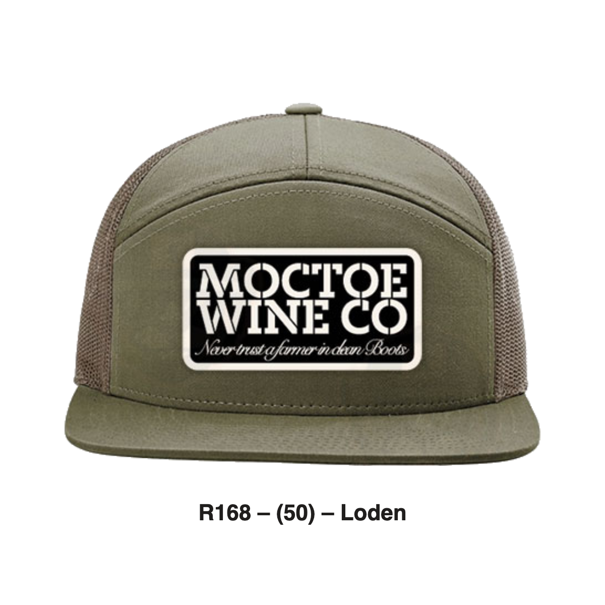 Moctoe Wine Co. trucker patch hat in Loden, front view